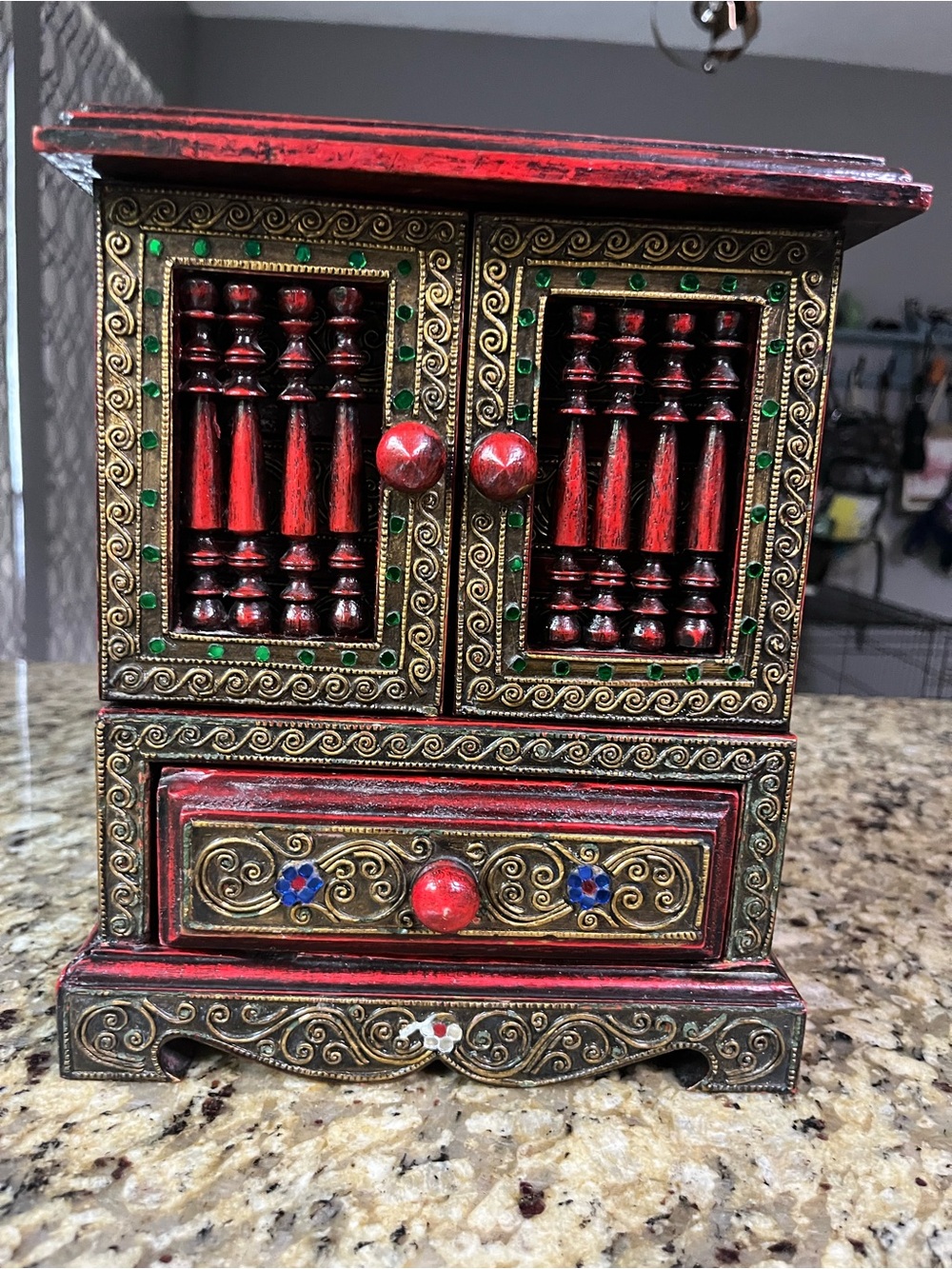 Made in Thailand Ornate Wooden Jewelry Box 4 Drawer Red Black Gold Boho